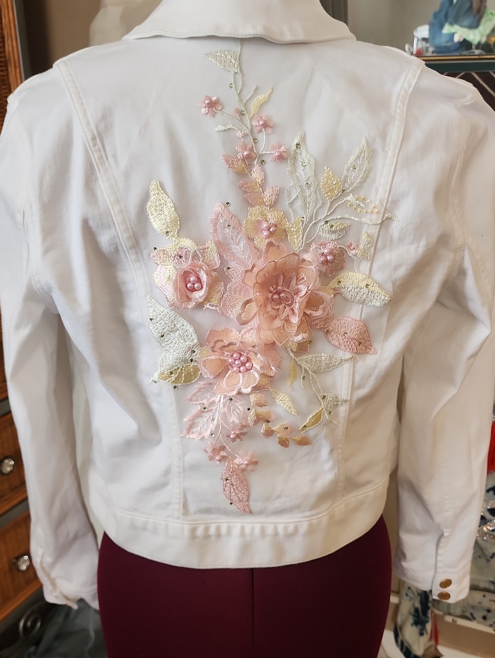 Women's White Denim Jacket with Pink 3D Floral Appliqué